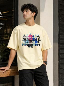 RINO7 - Mens Typography Graphic Printed Yellow Oversize Fit Round-Neck T-shirt