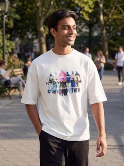 RINO7 - Mens Typography Graphic Printed White Oversize Fit Round-Neck T-shirt