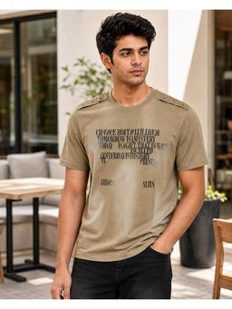 RINO7 - Mens Typography Printed Regular Fit Round-Neck Brown T-shirt