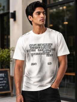 RINO7 - Mens Typography Printed Regular Fit Round-Neck White T-shirt