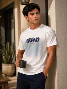 RINO7 - Mens Typography Printed Regular Fit Round-Neck White T-shirt