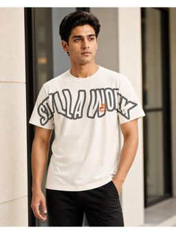 RINO7 - Mens Typography Printed Off White Regular Fit Round-Neck T-shirt