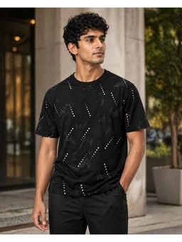 RINO7 - Mens Dotted Pattern Printed Regular Fit Black Round-Neck T-shirt
