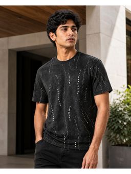 RINO7 - Mens Cloud Effect Printed Regular Fit Black Round-Neck T-shirt