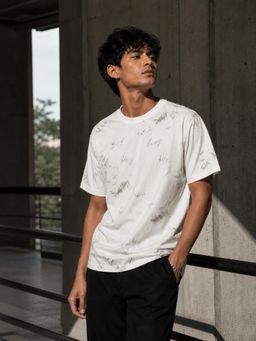 RINO7 - Mens Cloud Effect Printed Regular Fit White Round-Neck T-shirt