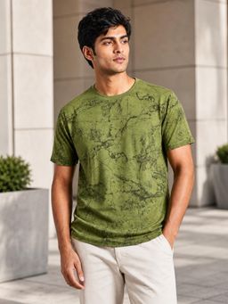 RINO7 - Mens Marble Effect Printed Green Regular Fit Round-Neck T-shirt