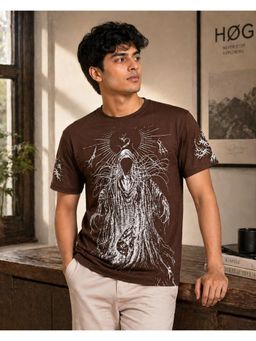 RINO7 - Mens Graphic Printed Brown Regular Fit Round-Neck T-shirt