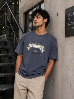 RINO7 - Mens Typography Printed Regular Fit Round-Neck Blue T-shirt