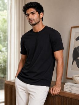 RINO7 - Mens Solid Black Plain Regular Fit Round-Neck T-shirt
