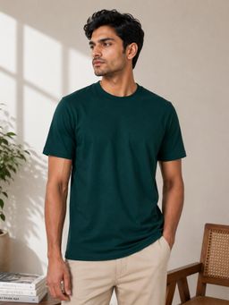 RINO7 - Mens Solid Midnight Green Plain Regular Fit Round-Neck T-shirt
