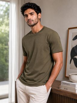 RINO7 - Mens Solid Olive Plain Regular Fit Round-Neck T-shirt