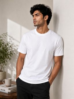 RINO7 - Mens Solid White Plain Regular Fit Round-Neck T-shirt