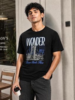 RINO7 - Mens Typography Printed Black Regular Fit Round-Neck T-shirt