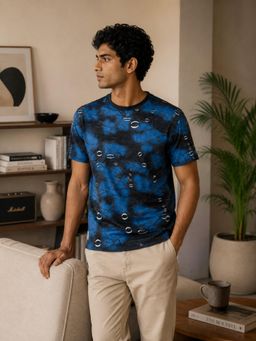 RINO7 - Mens Printed Blue Regular Fit Round-Neck T-shirt
