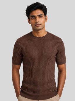 RINO7 - Mens Knitted Solid Brown Plain Regular Fit Round-Neck T-shirt