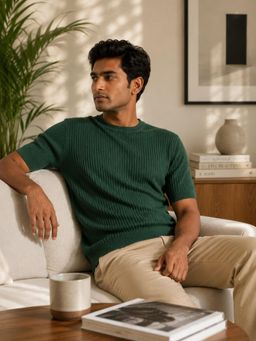 RINO7 - Mens Knitted Olive Plain Regular Fit Round-Neck T-shirt