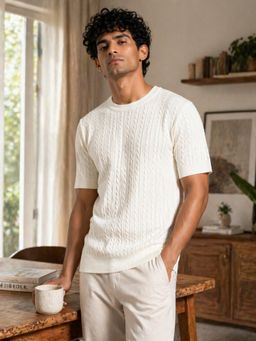 RINO7 - Mens Knitted White Plain Regular Fit Round-Neck T-shirt