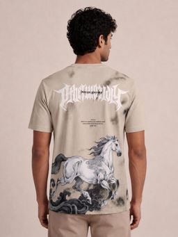 RINO7 - Mens Typography Printed Beige Regular Fit Round-Neck T-shirt