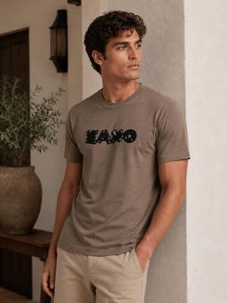 RINO7 - Mens Typography Printed Brown Regular Fit Round-Neck T-shirt