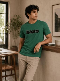RINO7 - Mens Typography Printed Green Regular Fit Round-Neck T-shirt