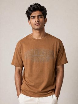 RINO7 - Mens Typography Printed Regular Fit Round-Neck Brown T-shirt