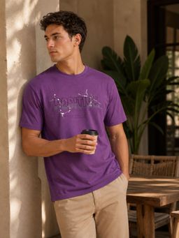 RINO7 - Mens Typography Printed Regular Fit Round-Neck Purple T-shirt