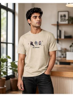 RINO7 - Mens Typography Printed Regular Fit Round-Neck Beige T-shirt