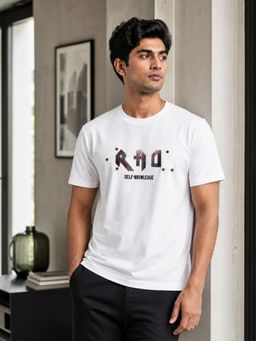 RINO7 - Mens Typography Printed Regular Fit Round-Neck White T-shirt