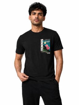 RINO7 - Mens Typography Printed Regular Fit Round-Neck Black T-shirt