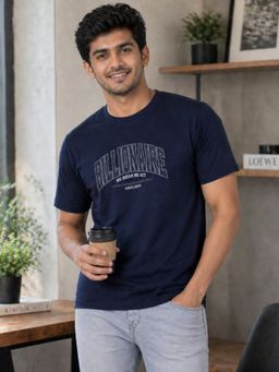 RINO7 - Mens Typography Printed Regular Fit Round-Neck Blue T-shirt