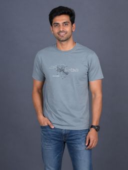 RINO7 - Mens Typography Printed Regular Fit Round-Neck Grey T-shirt