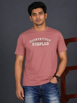 RINO7 - Mens Typography Printed Regular Fit Round-Neck Muted Pink T-shirt
