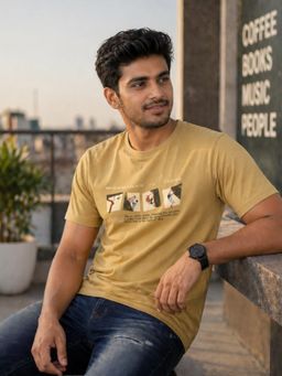 RINO7 - Mens Typography Printed Regular Fit Round-Neck Yellow T-shirt