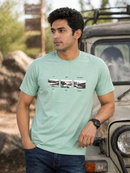 RINO7 - Mens Typography Printed Regular Fit Round-Neck Sea Green T-shirt