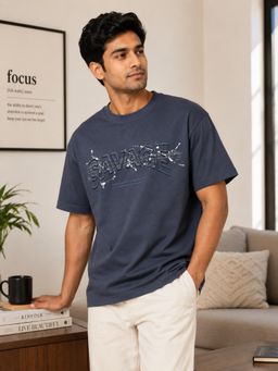 RINO7 - Mens Typography Printed Regular Fit Round-Neck Blue T-shirt
