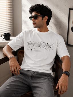RINO7 - Mens Typography Printed Regular Fit Round-Neck White T-shirt