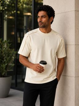 RINO7 - Mens Plain Regular Fit Round-Neck Cream T-shirt