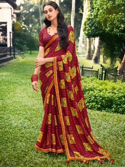 Odette - Womens Chiffon Maroon Embellished Saree with Unstitched Blouse