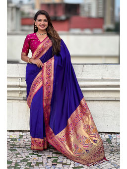 Mysilklove - Indigo Zari Woven Paithani Saree with Unstitched Blouse