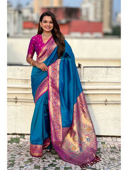 Mysilklove - Conifer Green and Blue Zari Woven Paithani Saree with Unstitched Blouse