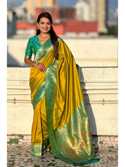 Mysilklove - Soapstone Yellow Zari Woven Paithani Saree with Unstitched Blouse
