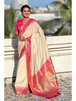 Mysilklove - Muddy Cream Zari Woven Paithani Saree with Unstitched Blouse