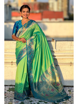 Mysilklove - Electric Green and Pink Zari Woven Paithani Saree with Unstitched Blouse