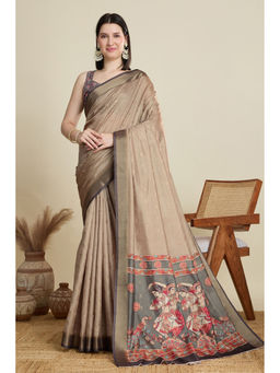 Mysilklove - Buff Brown Woven Cotton Saree with Unstitched Blouse