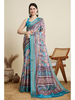 Mysilklove - Piction Blue Woven Cotton Saree with Unstitched Blouse