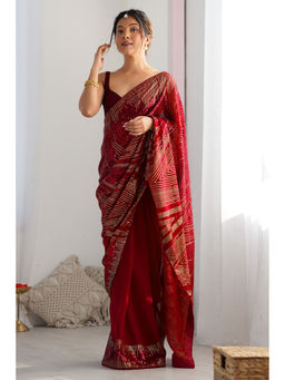 Mysilklove - Merlot Red Georgette Partywear Saree with Unstitched Blouse