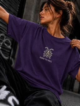 Bene Kleed - Women Purple Badge Embroidered Oversized Half Sleeves T-Shirt