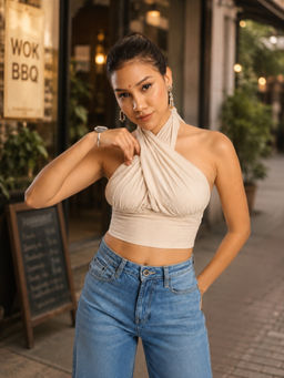 Bene Kleed - Women Cream Adjustable Halter Neck Crop Top