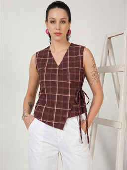 Bene Kleed - Women Over Lap Maroon Checked Adjustable Top