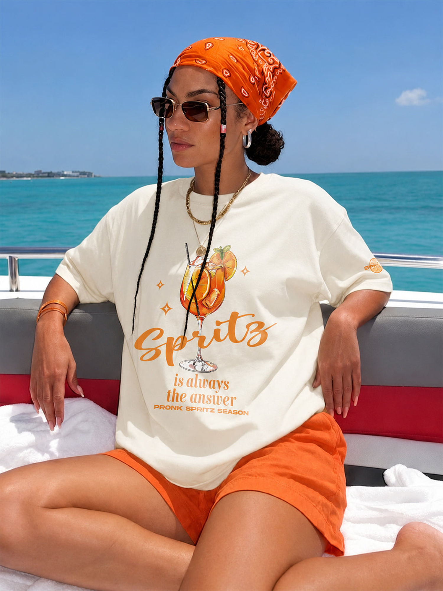 pronk Off White Orange Spritz Women Printed Oversized T-Shirt-picture-1